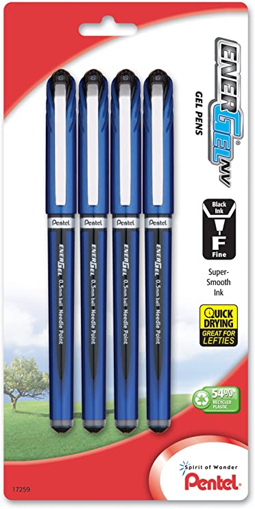 Pentel EnerGel NV Liquid Gel Pen, 0.5mm, Needle Tip, Black Ink, 4 Pack (BLN25BP4A)