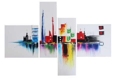 Ode-Rin Hand Painted Abstract Oil Paintings Colorful Landmarked Tall Buildings 4 Panels Wood Framed Inside For Living Room Art Work Home Decoration