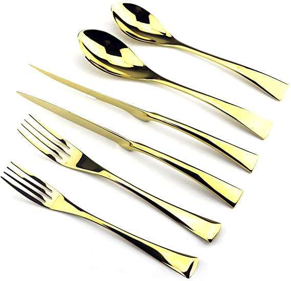 Uniturcky Gold Stainless Steel Mirror Polished Flatware Set , Steak Knife Dinnerware Knife Fork Salad Fork Dessert Spoon 6-piece, Service for 1