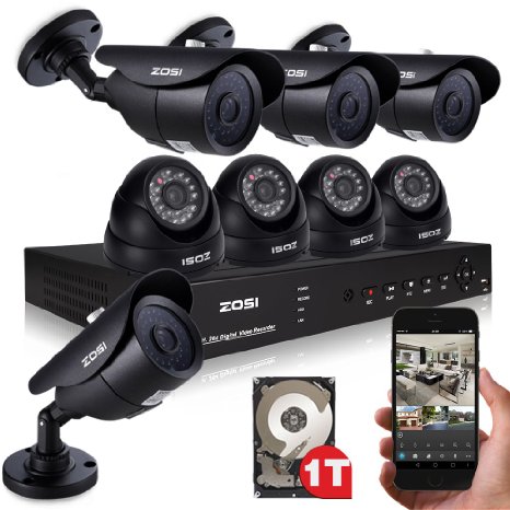 ZOSI 8CH 960H DVR 1000TVL HD Security Camera System with 8 Indoor/ Outdoor Waterproof Night Vision Security Cameras 1TB HDD Support 3G Smartphone view and Remote Access
