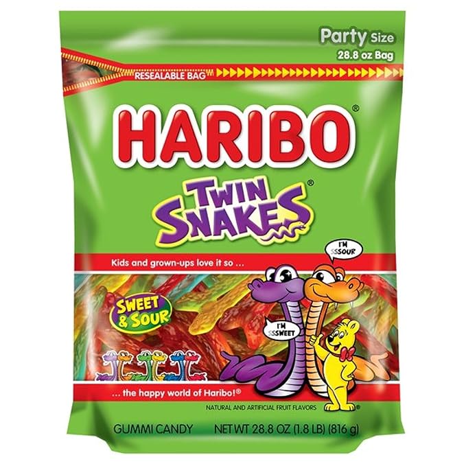 HARIBO Gummi Candy Twin Snakes - Party Size 28.8 oz. Resealable Stand Up Bag