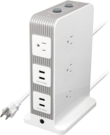 Rosewill RHSP-19003 Power Strip Tower Surge Protector Charging Station, 4 Smart USB Ports, 10 AC Outlets, 6.6 Feet Long Extension Cord, 1875 Watts Max Power, 1000 Joules