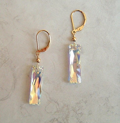 Multi Color Aurora Borealis Rectangle Baguette Swarovski Crystal Gold Filled Leverback Earrings Gift Idea