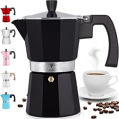 Zulay Classic Italian Style 12 Espresso Cup Moka Pot, Classic Stovetop Espresso Maker for Great Flavored, Strong Espresso - Makes Delicious Coffee - Easy to Operate & Quick Cleanup Pot (Black)