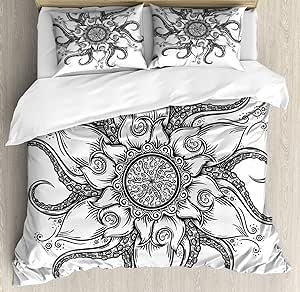 Ambesonne Octopus Duvet Cover Set, Sea Mandala Floral Ocean Animal Tribal Leaves Hand Drawn Art, Decorative 3 Piece Bedding Set with 2 Pillow Shams, California King, Soft Black