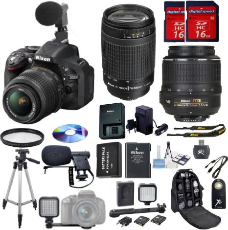 Nikon D5200 DSLR Camera Digideals Video Microphone Bundle with 18-55mm f35-56 AF-S VR Nikkor Zoom Lens  Nikon 70-300mm G Zoom  HD UV Filter  LED Video Light for Photography  Video Microphone  Deluxe Backpack  2pcs 16GB Memory Cards  Card Reader  Professional Size Tripod  Extra Long Lasting Battery  Travel Charger  Video Kit