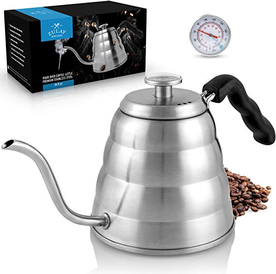 Zulay Premium Pour Over Coffee Kettle, 34 fl oz | 1 Liter - Top-Grade Stainless Steel Gooseneck Kettle with Built-in Thermometer for Drip Coffee and Tea - Triple Layered Bottom Pour Over Water Kettle