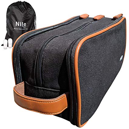 Mens Toiletry Travel Bag Set - Dopp Kit Includes Waterproof Laundry Shoe Bag & Reusable Bottles (Black)