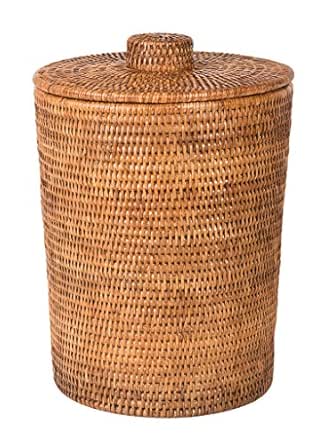 KOUBOO La Jolla Rattan Round Plastic Insert & Lid, Large, Honey-Brown for Bedroom, Living Room and Bathroom Basket for Dry and Organic Waste