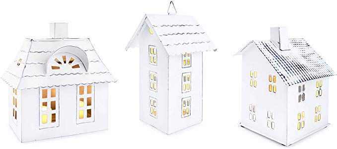AuldHome Farmhouse Decor Tin Houses (Set of 3, White); Candle Lantern Decorative Holiday Christmas Village Display or Votive Holder