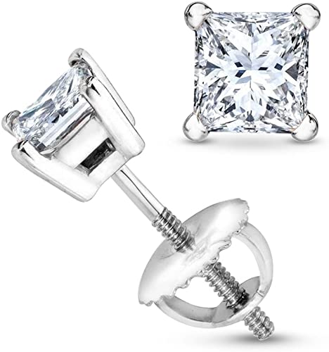 1/2 Carat Solitaire Diamond Stud Earrings Princess Cut 4 Prong Screw Back (J-K Color, SI1-SI2 Clarity)