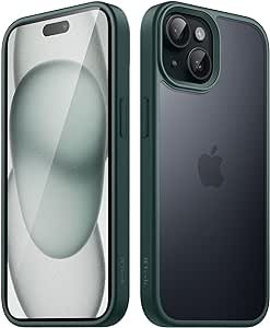 JETech Matte Case for iPhone 15 6.1-Inch, Shockproof Military Grade Drop Protection, Frosted Translucent Back Phone Cover, Anti-Fingerprint (Dark Green)