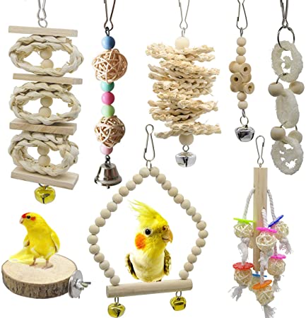 Deloky 8 Packs of Bird Parrot Swing Chewing Toys-Natural Wood Bird Climbing Hanging Cage Toys Suitable for Small Parakeets, Cockatiels, Conures, Finches,Budgie,Macaws, Parrots, Love Birds