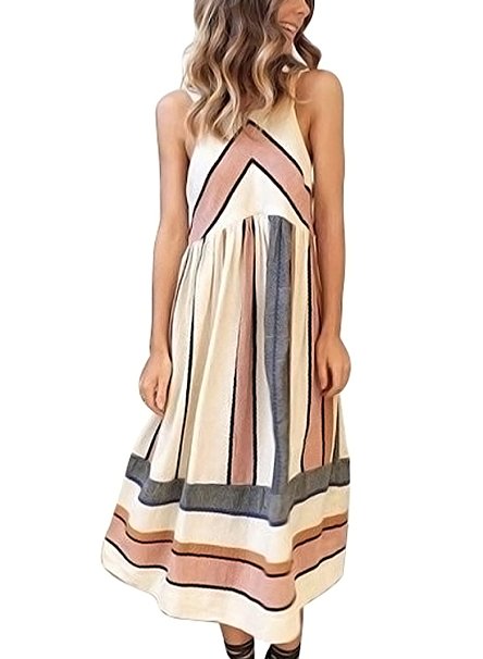 FARYSAYS Women's Casual Striped Sleeveless Halter Neck Summer Midi Dress with Pockets