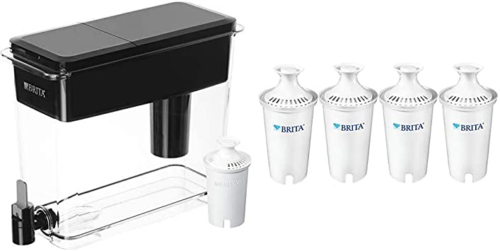 Brita Ultra Max Filtering Dispenser, Extra Large 18 Cup, Black & Standard Replacement Filters for Pitchers and Dispensers, 4ct, White