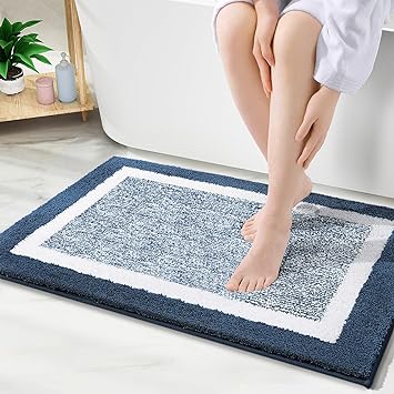 OLANLY Bathroom Rugs 30x20, Extra Soft and Absorbent Microfiber Bath Mat, Non-Slip, Machine Washable, Quick Dry Shaggy Bath Carpet, Suitable for Bathroom Floor, Tub, Shower (Navy and White)