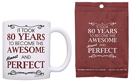 80th Birthday Gifts For All Took 80 Years Be Awesome & Almost Perfect Gift Coffee Mug & Jelly Beans Bundle