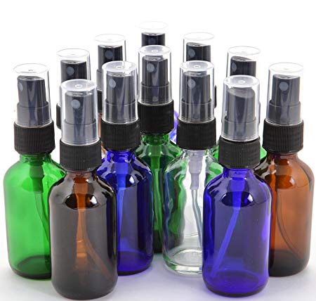 Vivaplex, 12, Assorted Colors, 1 oz Glass Bottles, with Black Fine Mist Sprayers