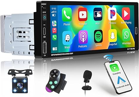 6.9 Inch Wireless Apple Carplay Car Stereo Single Din Touchscreen Car Radio with Bluetooth 5.0, Wireless Android Auto, Mirror Link, FM, EQ, Car Audio Receivcer with USB/Type-C/Aux Input, Mic, SWC