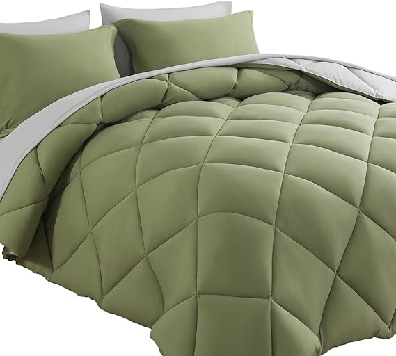 Cosybay Bed in a Bag Full Comforter Sets 7pcs All Season Solid Down Alternative Bedding Sets Sage Green and Grey with Comforter, Pillow Shams, Flat Sheet, Fitted Sheet and Pillowcases