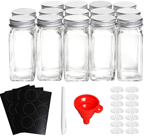 14 Packs Spice Jars Bottles, QueenTrade Glass Spice Jars, Square Glass Seasoning Jar (4oz) With 24 Clear Chalkboard Labels,Chalk Marker, Aluminum Silver Metal Caps, Wide Funnel with Pour/Sift Shaker Lid