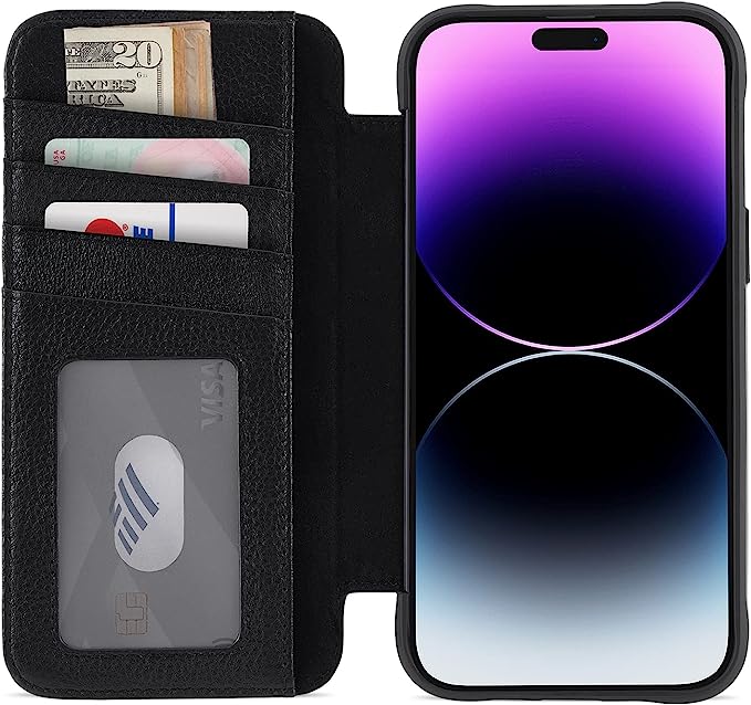 Case-Mate Wallet Folio iPhone 14 Pro Case - Black [10FT Drop Protection] [Compatible with MagSafe] Magnetic Flip Folio Cover Made with Genuine Pebbled Leather, Landscape Stand, Cash & Card Holder