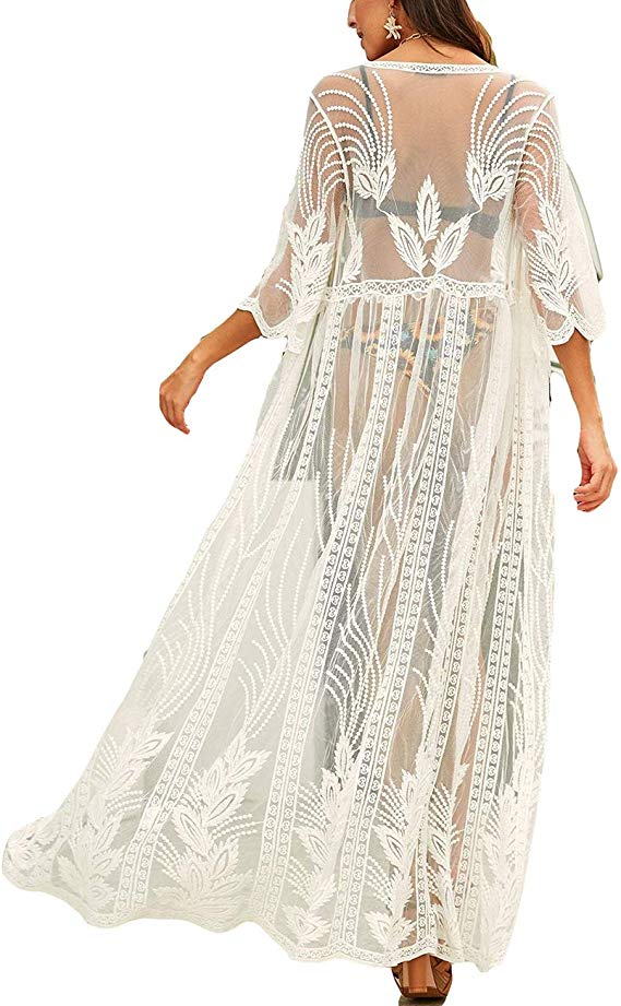 Bsubseach Women Sexy Lace Crochet Open Front Swimsuit Beach Long Kimono Cover Ups