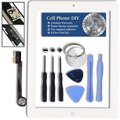 White iPad 4 Digitizer Replacement Screen Front Touch Glass Assembly Replacement - Includes Home Button   Camera Holder   Pre-Installed Adhesive with Tools – Repair Kit by Cell Phone DIY&reg