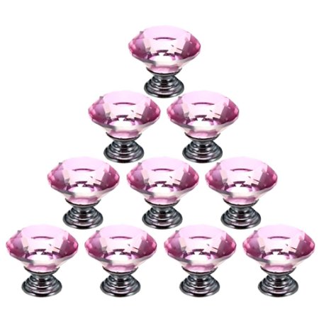 Drawer Pull Handles, YIFAN 10Pcs 30mm Crystal Glass Diamond Shape Cabinet Cupboard Drawer Knobs with Golden Screws - Pink