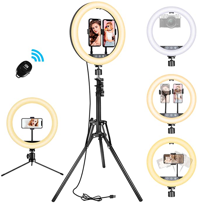 Bestope 12" Selfie Ring Light with 2 Tripod Stand&2 Cell Phone Holders 3 Color Modes 10 Adjustable Brightness, for Photo/Makeup/Live Stream/YouTube/Vlogs, Bluetooth Remote, Compatible for iOS/Android