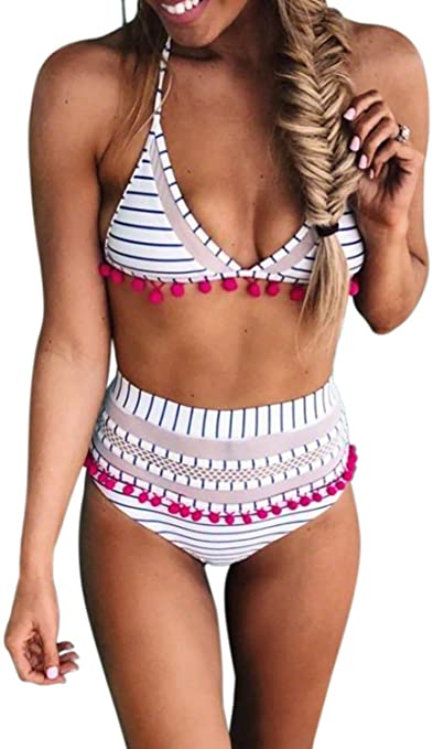 Dokotoo Womens High Waist Two Pieces Bikini Set Striped Tassel Swimsuit