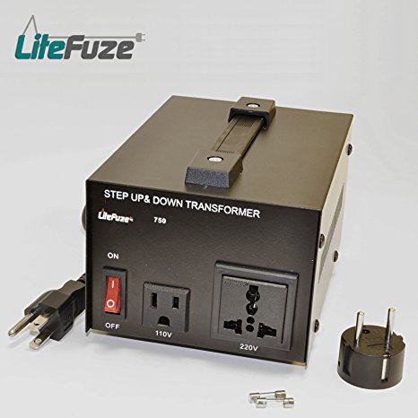 LiteFuze LT Series 750 Watt Heavy Duty Voltage Converter Transformer - Step Up/Down 110/120/220/240V - Fully Grounded Cord - Patented Universal Output Socket