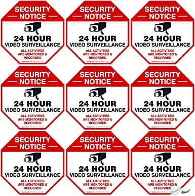 Video Surveillance Sticker, (9 Pack) 3x3 Inches, 4 Mil Vinyl Decal Stickers UV Protected, Long Lasting, Fade Resistant, Indoor/Outdoor Use, Made in USA by SIGO SIGNS