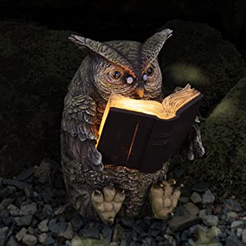 Exhart Reading Owl Resin Statue w/Solar Garden Lights - Solar Owl Mini Figurine, Bookworm Owl Statue, Resin Owl Decor, Owl Decorations for Bedroom, Private Library & Living Room, 7" L x 9" W x 9" H
