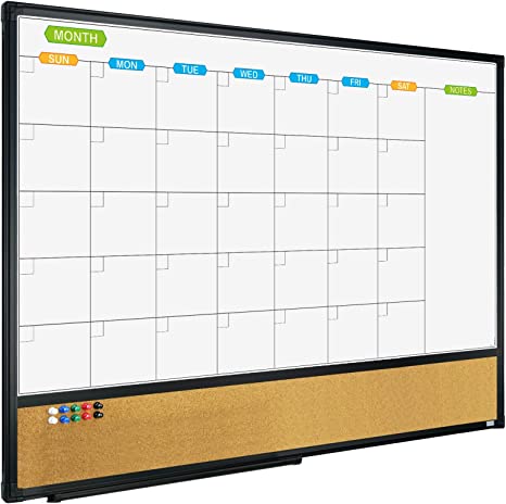 JILoffice Magnetic Calendar Whiteboard & Bulletin Corkboard Combination, Combo Board 36 x 24 Inch, Black Aluminum Frame Wall Mounted Board for Office Home and School with 10 Push Pins