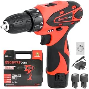 SCEPTRE SPCD12V Cordless Power Drill Set 1350 RPM Variable Speed Reversible Portable Driver with 12V Li-Ion Battery and Charger, Tool Kit DIY Impact Drill Machine for Home Garden, Office, (Red)