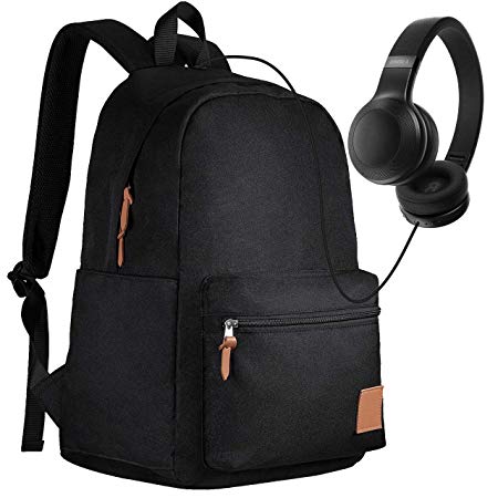 PICTEK School Backpack, Boy/Girl Backpack for School with Headphone Port, Waterproof Laptop Backpack fits 14-15.6'' Laptops, Ultralight Backpack for Kids School Outdoor and Daily Use, Black