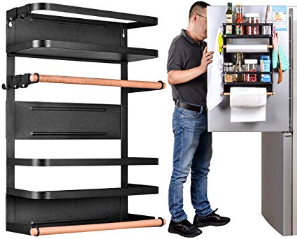 Kitchen Rack - Magnetic Fridge Organizer - 17.7x12.7x5 INCH With 22LBS/10KG Weight Capacity - Paper Towel Holder, Rustproof Spice Jars Rack, Heavy-duty Refrigerator Shelf Storage Including 5 Hooks