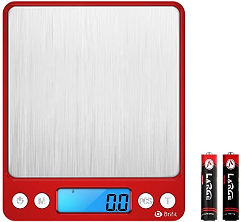 AMIR Digital Kitchen Scale, Food Meat Scale, 3000g/ 0.01oz/ 0.1g Precise Graduation, Mini Food Scale with Back-Lit LCD Display, Tare and PCS Functions, Red