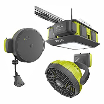 Ryobi GD200 Ultra-Quiet Garage Door Opener with GDM330 Garage Retractable Cord Reel and GDM421 Garage Fan