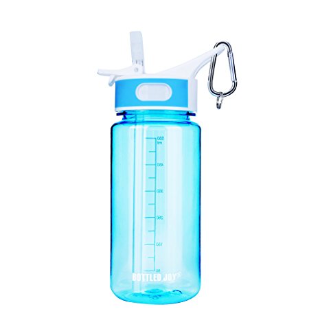 BOTTLED JOY Non-toxic Bite Valve kids Water Bottle with Straw and Handle, Wide Mouth 100% Leak Proof Camping Tritan Water Bottles 20oz 600ml