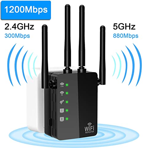 WiFi Extender, 1200Mbps WiFi Booster, 2.4G & 5GHz Dual Band Signal Extender, 360 Degree Full Coverage WiFi Range Extender with 4 External Advanced Antennas and Ethernet Port