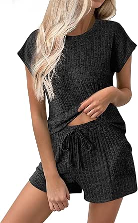 Ekouaer Pajamas for Women Ribbed Knit Lounge Set Cap Sleeve Top and Shorts Loungewear Sleepwear with Pockets S-XXL