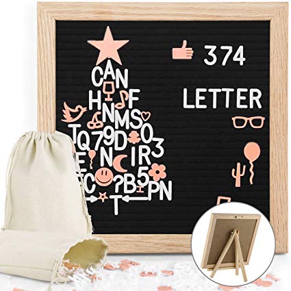 Black Felt Letter Boards 10x10 Inches Changeable Felt Letter Message Board with 374 Pre-Cut Plastic Letters and Wall Mount Home Decor Oak Wood Frame, Stand and 2 Canvas Storage Bags by Easyacc