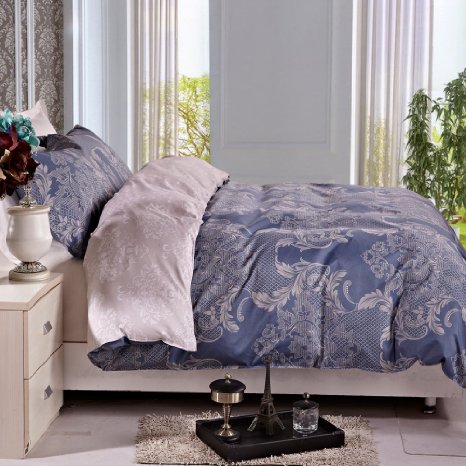 NTBAY 3 Pieces Reversible Printed Microfiber Duvet Cover Set with Hidden Button(King, Navy Blue)