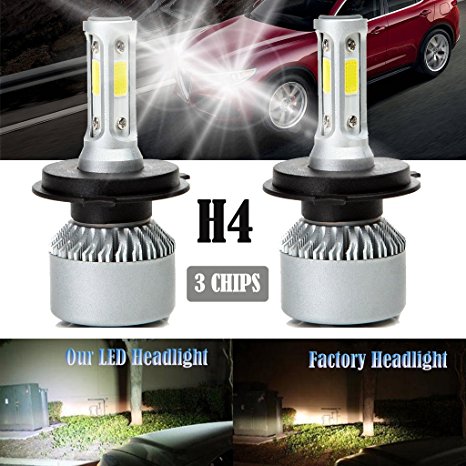 1 Pair of H4 Car LED Headlight Bulbs Conversion Kit - 9003 HB2 - 3 COB Chips Replace for High/Low Beam DRL Fog light - 13000LM 6000K Pure White - 2Yr Warranty