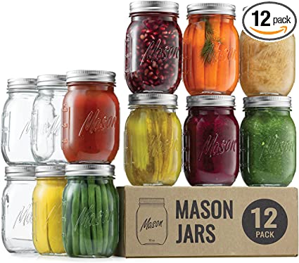 Regular-Mouth Glass Mason Jars, 16-Ounce (12-Pack) Glass Canning Jars with Silver Metal Airtight Lids and Bands with Measurement Marks, for Canning, Preserving, Meal Prep, Overnight Oats, Jam, Jelly