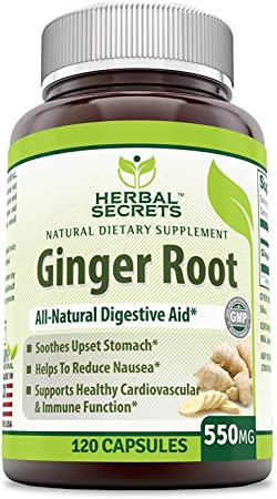 Herbal Secrets Ginger Root Supplement 550 Mg Capsules (Non-GMO) - Helps to Reduce Nausea, Supports Cardiovascular & Immune Function, Soothes Upset Stomach* (120 Capsules)