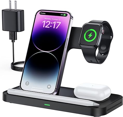 Wireless Charging Station 3 in 1 Wireless Charger Compatible for iPhone 15/14/13/12/11/XR/X/8 Series/Samsung Z Flip Fold 5/S23 Ultra/S22/S21/S20/iWatch 8 Ultra 7 6 SE 5 4 3 2, AirPods 3/2