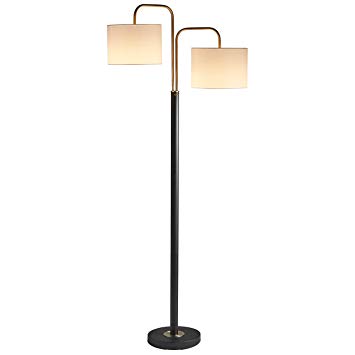 Rivet Modern Floor Lamp, 62.5"H, With Bulb, Black & Antique Brass with Linen Shade